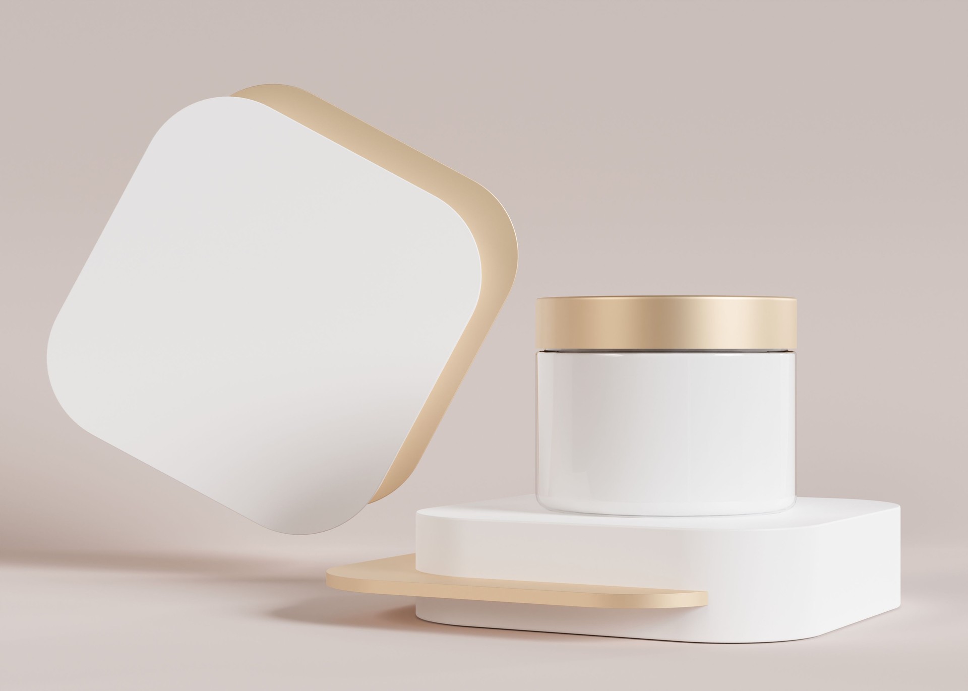 Pot de crème cosmétique vierge sans marque debout sur un podium blanc et doré. Présentation de produits de soins de la peau. Maquette élégante. Soins de la peau, beauté et spa. Pot avec espace de copie. Rendu 3D.
